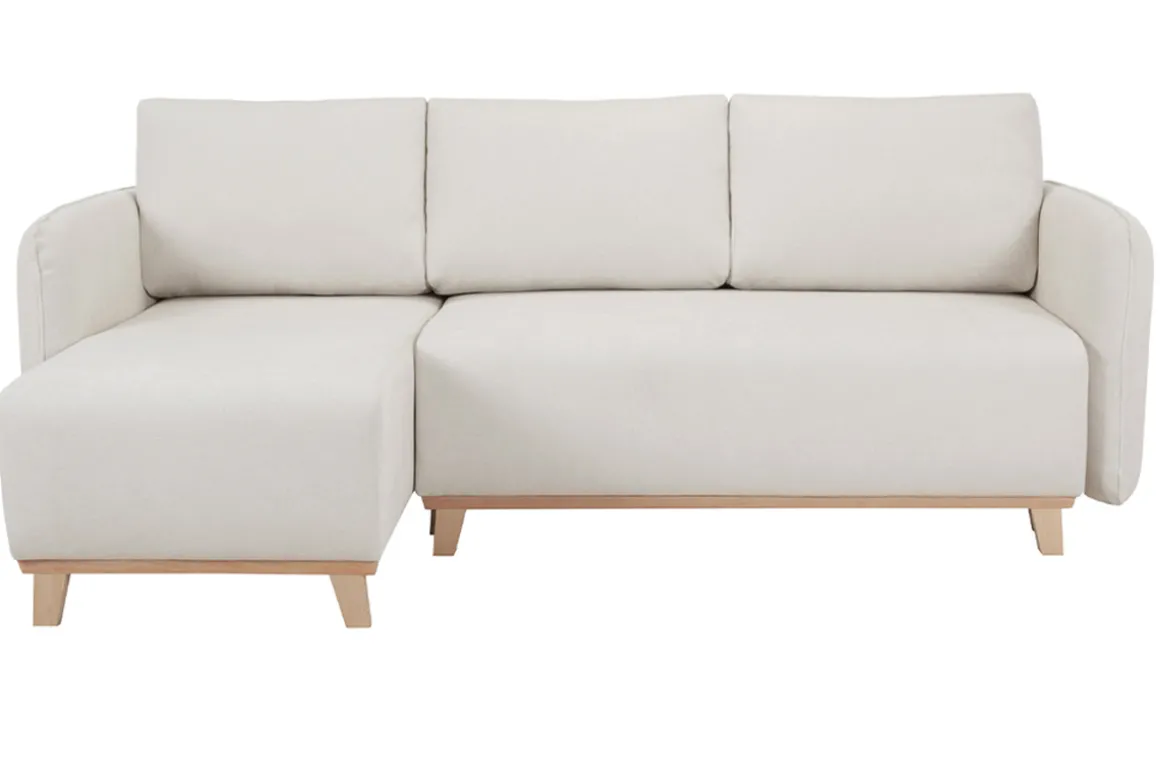 Clearance Miliboo Sofá cama chaise longue reversible 3-4 plazas de tejido efecto aterciopelado texturizado beige y madera clara ROMANE