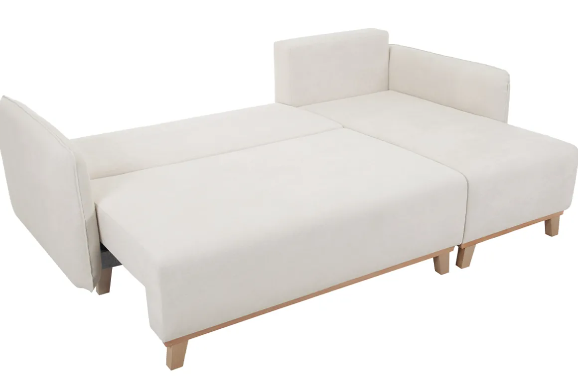 Clearance Miliboo Sofá cama chaise longue reversible 3-4 plazas de tejido efecto aterciopelado texturizado beige y madera clara ROMANE
