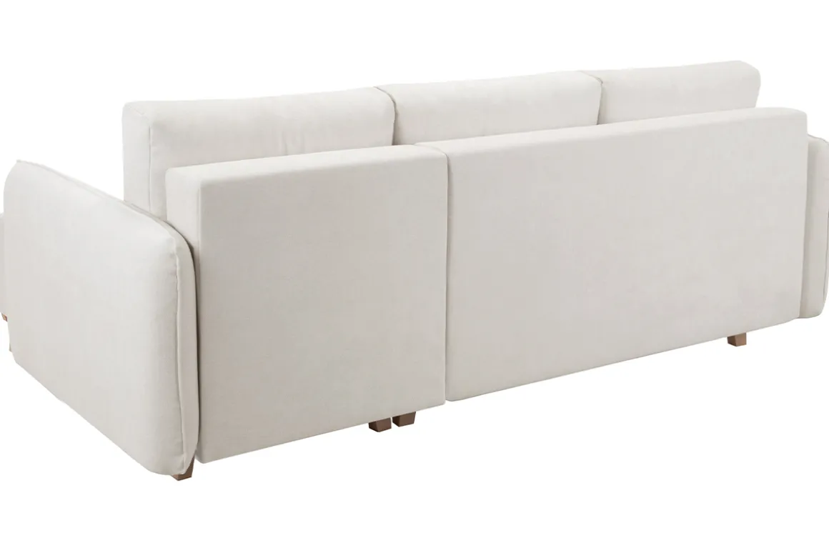 Clearance Miliboo Sofá cama chaise longue reversible 3-4 plazas de tejido efecto aterciopelado texturizado beige y madera clara ROMANE
