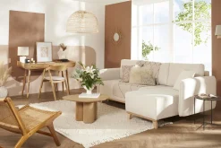 Clearance Miliboo Sofá cama chaise longue reversible 3-4 plazas de tejido efecto aterciopelado texturizado beige y madera clara ROMANE