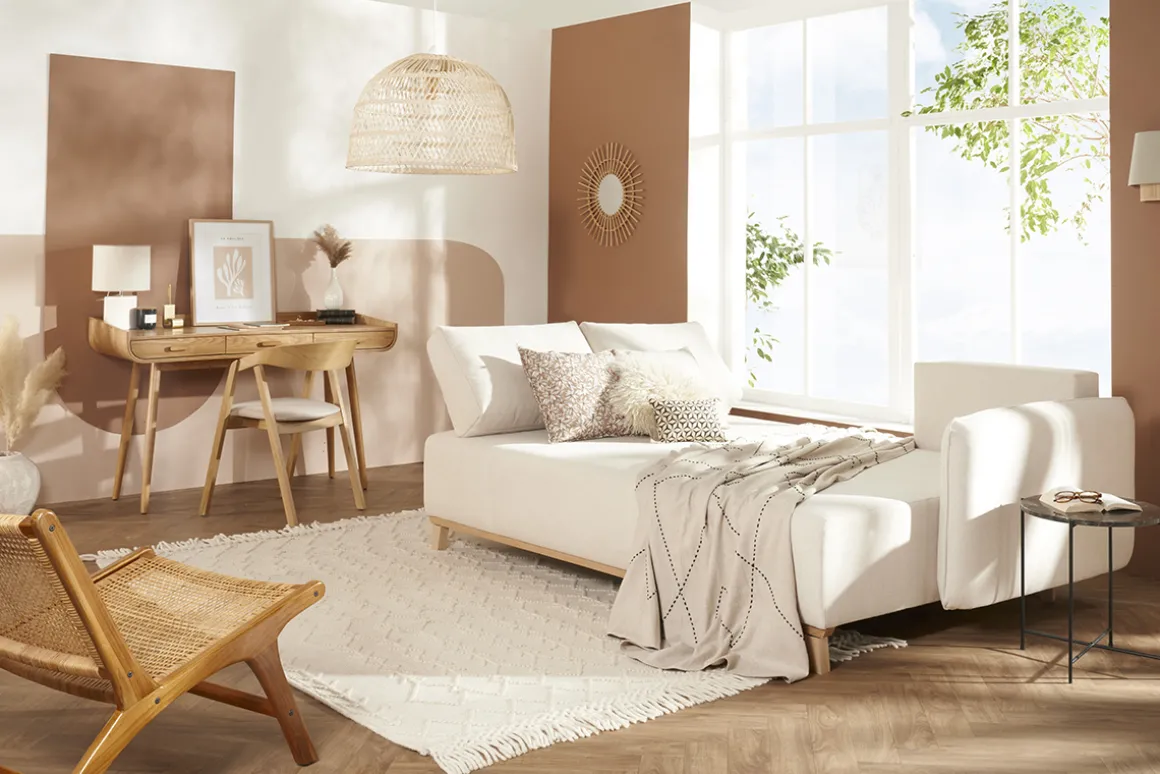 Clearance Miliboo Sofá cama chaise longue reversible 3-4 plazas de tejido efecto aterciopelado texturizado beige y madera clara ROMANE