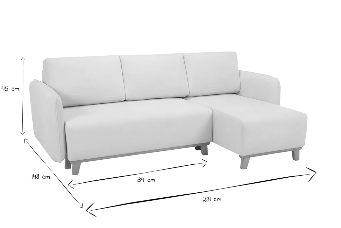 Clearance Miliboo Sofá cama chaise longue reversible 3-4 plazas de tejido efecto aterciopelado texturizado beige y madera clara ROMANE
