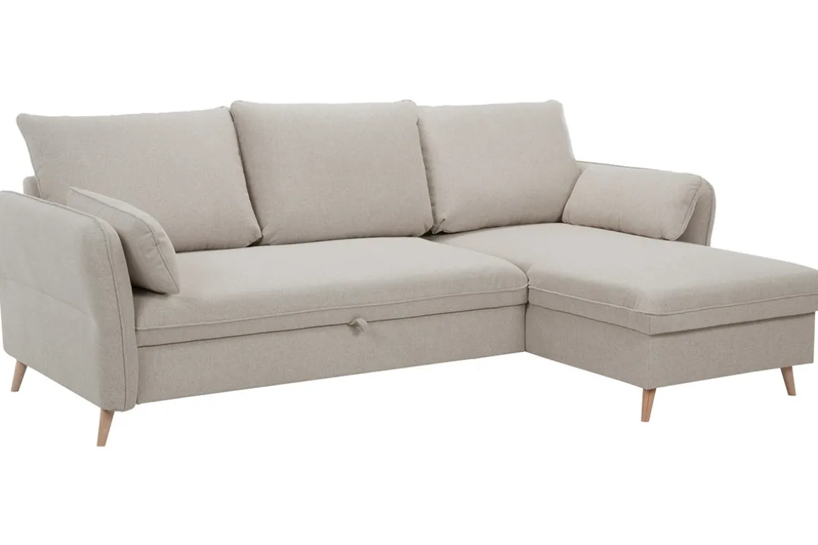Cheap Miliboo Sofá cama con chaise longue 3-4 plazas con canapé de tela beige y madera clara DRISS