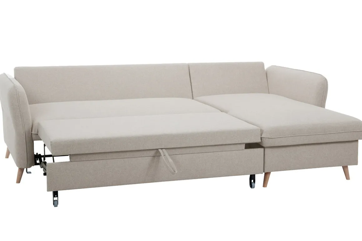 Cheap Miliboo Sofá cama con chaise longue 3-4 plazas con canapé de tela beige y madera clara DRISS