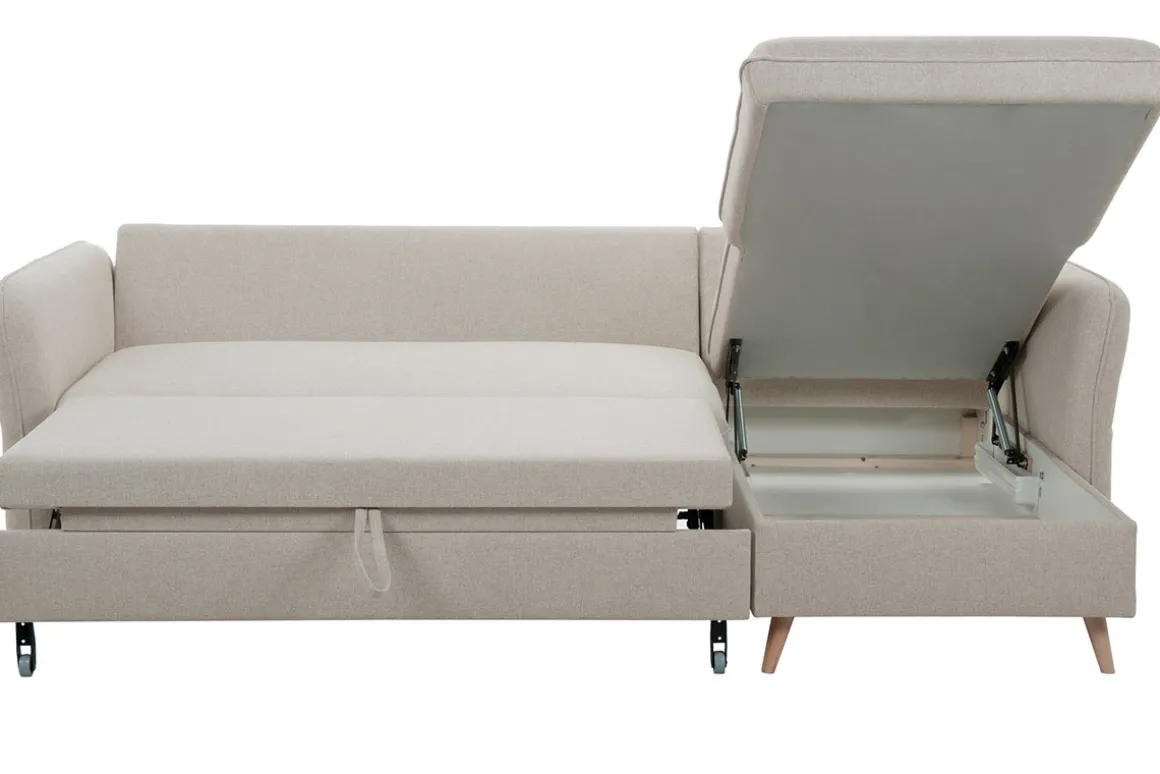 Cheap Miliboo Sofá cama con chaise longue 3-4 plazas con canapé de tela beige y madera clara DRISS