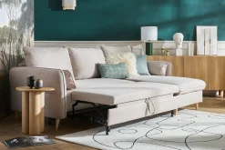 Cheap Miliboo Sofá cama con chaise longue 3-4 plazas con canapé de tela beige y madera clara DRISS