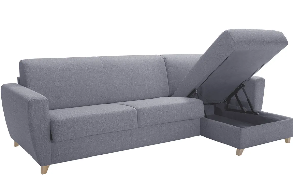 Best Miliboo Sofá cama con chaise longue reversible con canapé 4 plazas de tela gris y madera clara GRAHAM