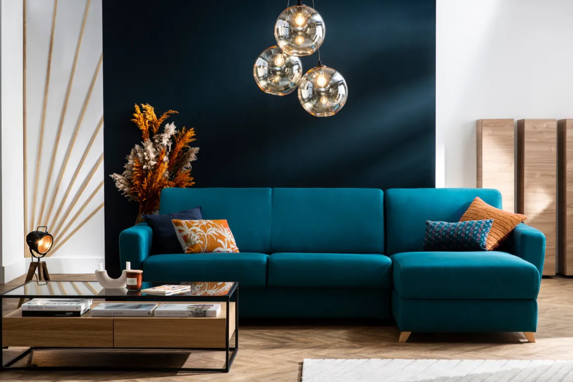 Best Miliboo Sofá cama con chaise longue reversible con canapé 4 plazas de tela gris y madera clara GRAHAM