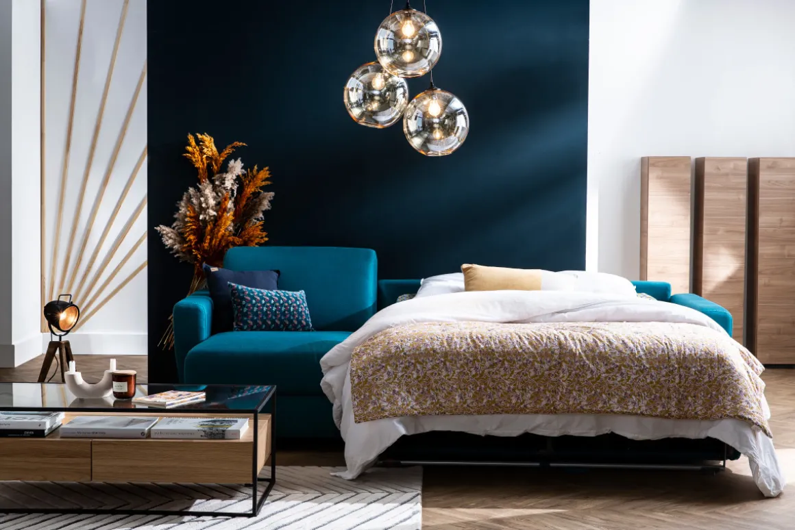 Best Miliboo Sofá cama con chaise longue reversible con canapé 4 plazas de tela gris y madera clara GRAHAM