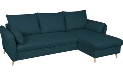 Best Miliboo Sofá cama con chaise longue 3-4 plazas con canapé de tela azul marino y madera clara DRISS