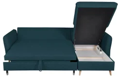 Best Miliboo Sofá cama con chaise longue 3-4 plazas con canapé de tela azul marino y madera clara DRISS