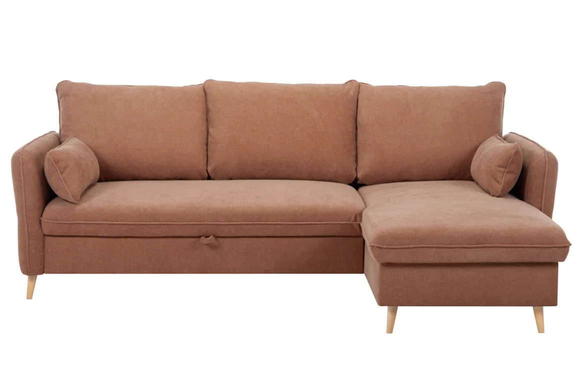 Best Sale Miliboo Sofá cama con chaise longue 3-4 plazas con canapé de tela color terracota y madera clara DRISS