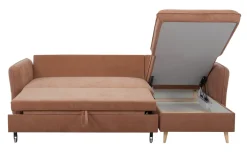 Best Sale Miliboo Sofá cama con chaise longue 3-4 plazas con canapé de tela color terracota y madera clara DRISS