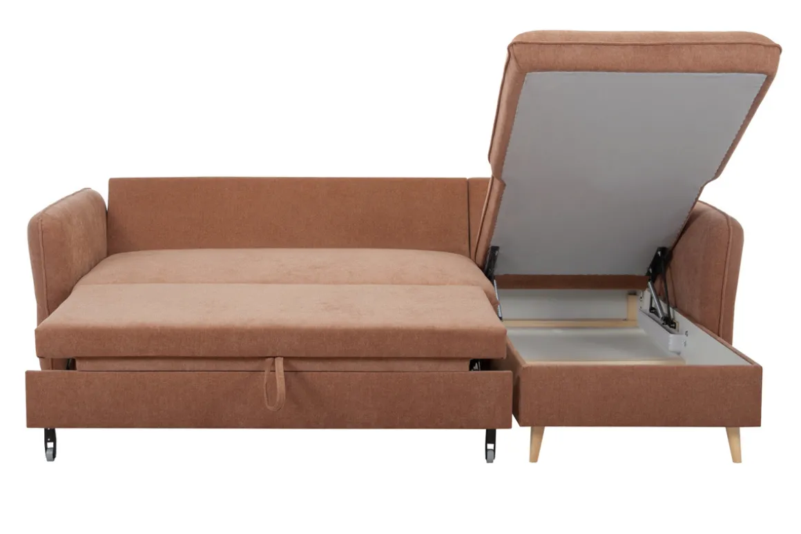 Best Sale Miliboo Sofá cama con chaise longue 3-4 plazas con canapé de tela color terracota y madera clara DRISS