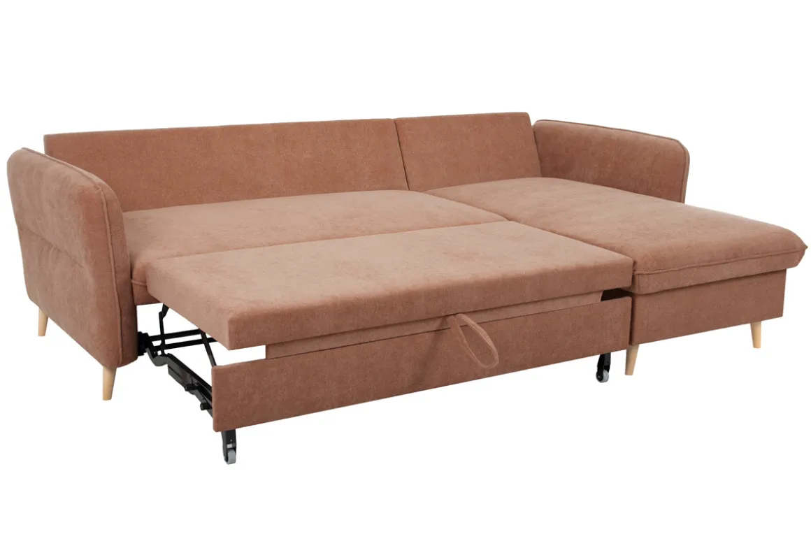 Best Sale Miliboo Sofá cama con chaise longue 3-4 plazas con canapé de tela color terracota y madera clara DRISS
