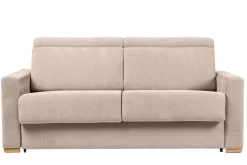Discount Miliboo Sofá cama convertible de 3 plazas en tela de efecto terciopelo beige con reposacabezas ajustables y colchón de 18 cm NORO