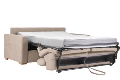 Discount Miliboo Sofá cama convertible de 3 plazas en tela de efecto terciopelo beige con reposacabezas ajustables y colchón de 18 cm NORO