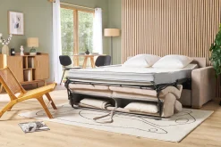 Discount Miliboo Sofá cama convertible de 3 plazas en tela de efecto terciopelo beige con reposacabezas ajustables y colchón de 18 cm NORO