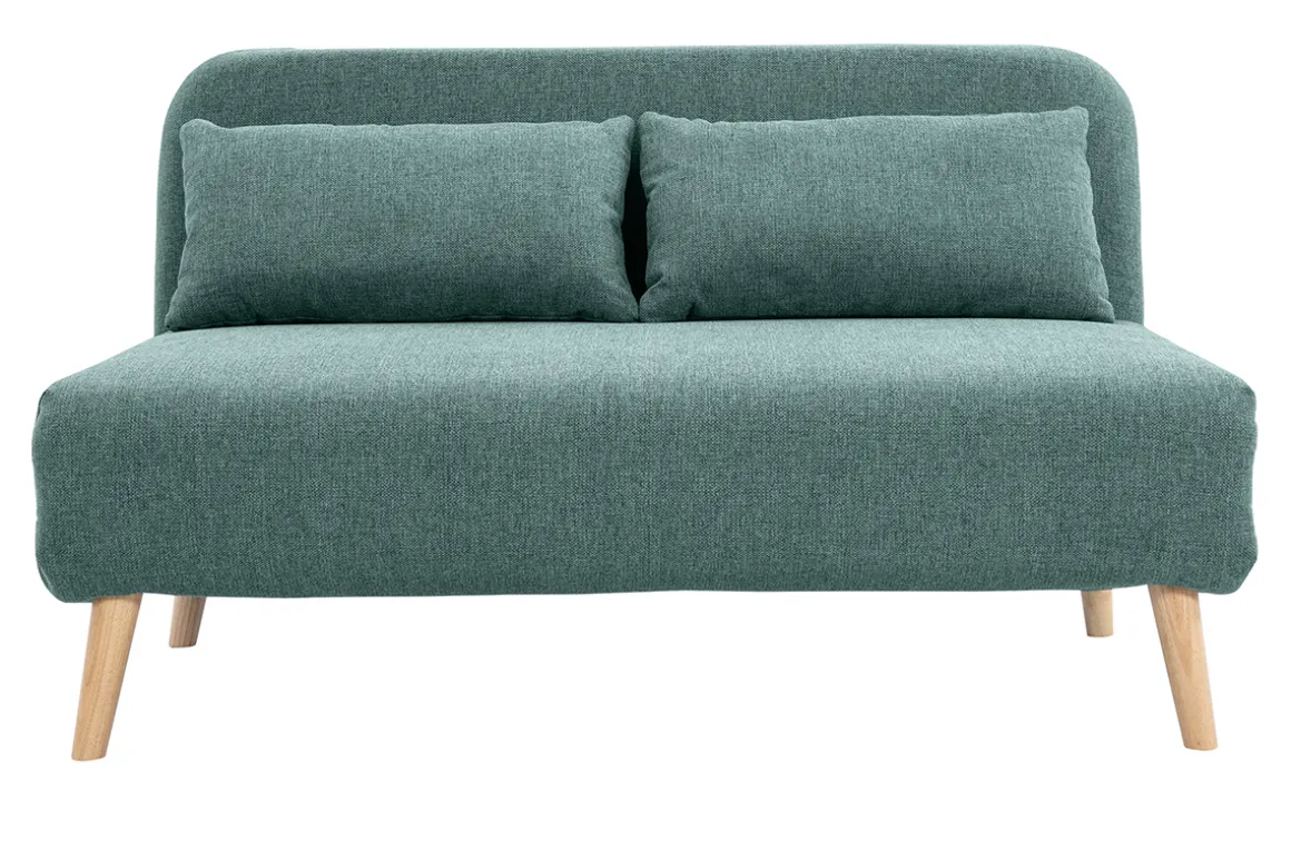 Shop Miliboo Sofá cama de 2 plazas convertible en tela verde gris y madera clara AMIKO