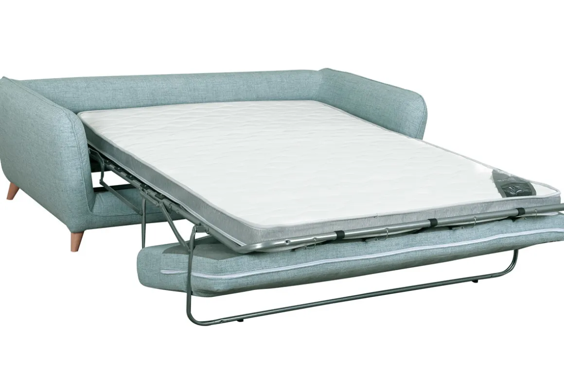 Flash Sale Miliboo Sofá cama nórdico 3 plazas de tela azul hielo con colchón de 10 cm CREEP