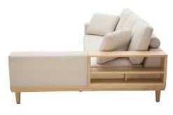 Flash Sale Miliboo Sofá chaise longue a la derecha 5 plazas con almacenaje de tela texturizada beige efecto aterciopelado y madera clara KOMAO