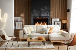 Flash Sale Miliboo Sofá chaise longue a la derecha 5 plazas con almacenaje de tela texturizada beige efecto aterciopelado y madera clara KOMAO