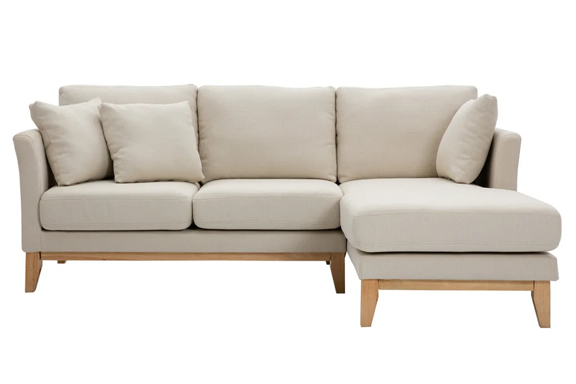 Clearance Miliboo Sofá chaise longue a la derecha beige y madera clara 4 plazas desenfundable OSLO