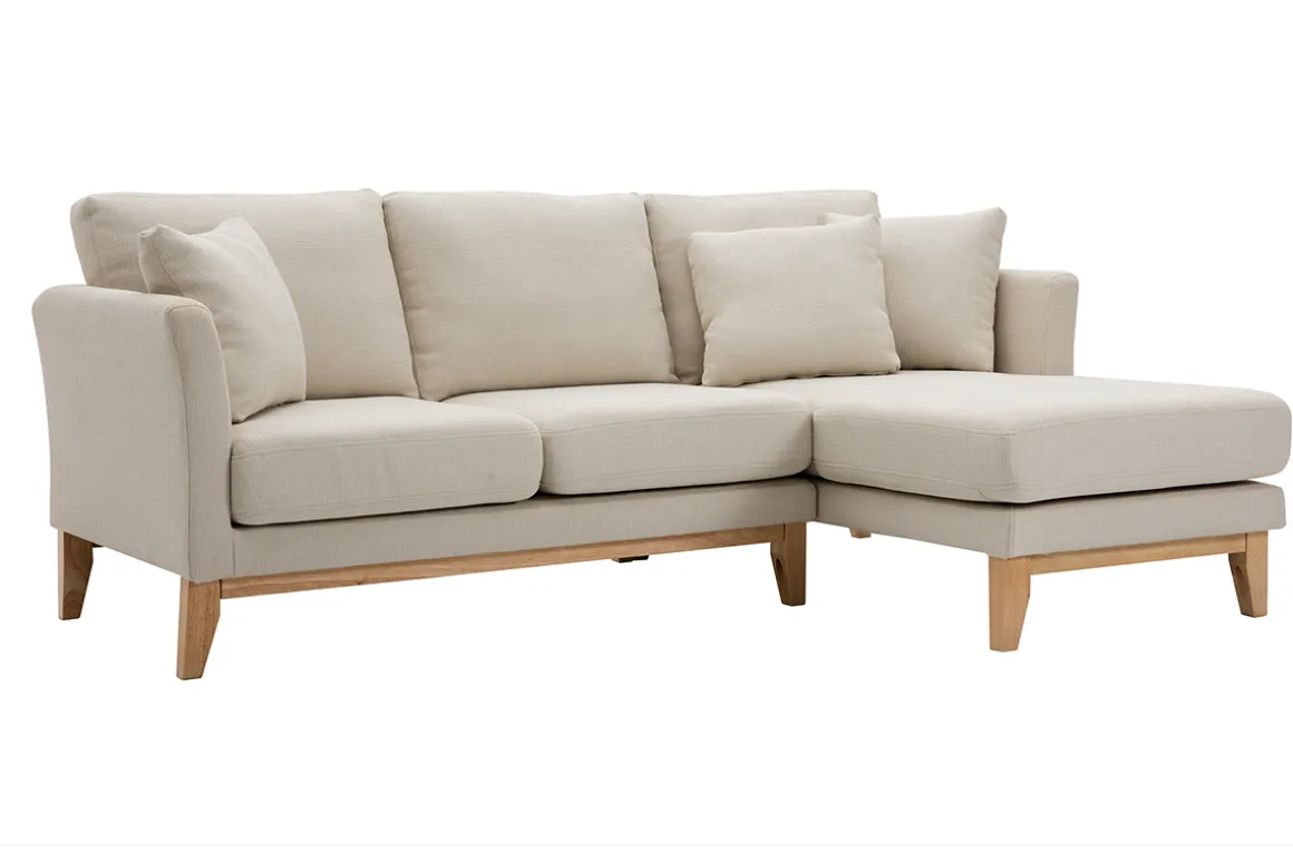 Clearance Miliboo Sofá chaise longue a la derecha beige y madera clara 4 plazas desenfundable OSLO
