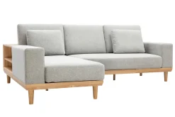Clearance Miliboo Sofá chaise longue a la izquierda 5 plazas con estantes en tela texturizada gris claro efecto aterciopelado y madera clara KOMAO