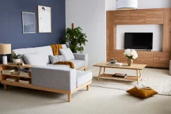 Clearance Miliboo Sofá chaise longue a la izquierda 5 plazas con estantes en tela texturizada gris claro efecto aterciopelado y madera clara KOMAO