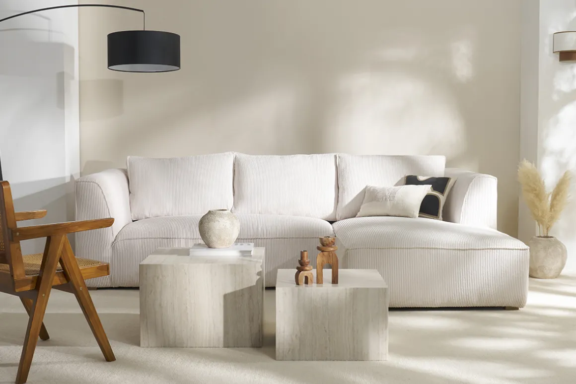 Store Miliboo Sofá chaise longue de diseño de pana color crudo 3-4 plazas PANAM