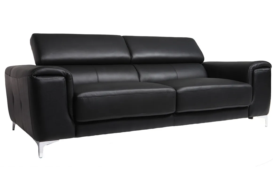 Outlet Miliboo Sofá cuero de búfalo diseño tres plazas con cabeceros relax negro NEVADA