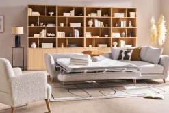 Store Miliboo Sofá de esquina convertible derecho escandinavo de 5 plazas en tejido gris claro jaspeado y madera clara CREEP