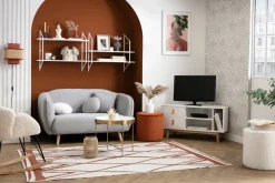 New Miliboo Sofá de estilo nórdico tejido amarillo mostaza con efecto aterciopelado, 2 plazas FOLK