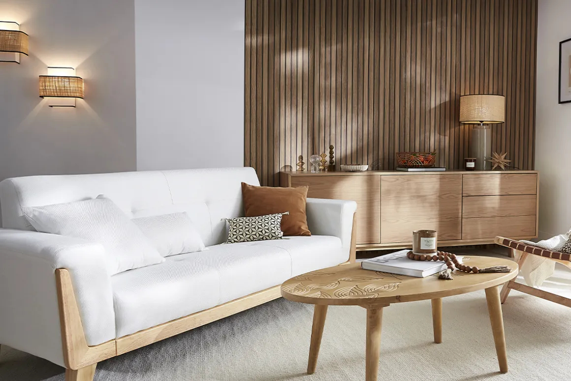Clearance Miliboo Sofá diseño 3 plazas blanco roto patas madera FJORD