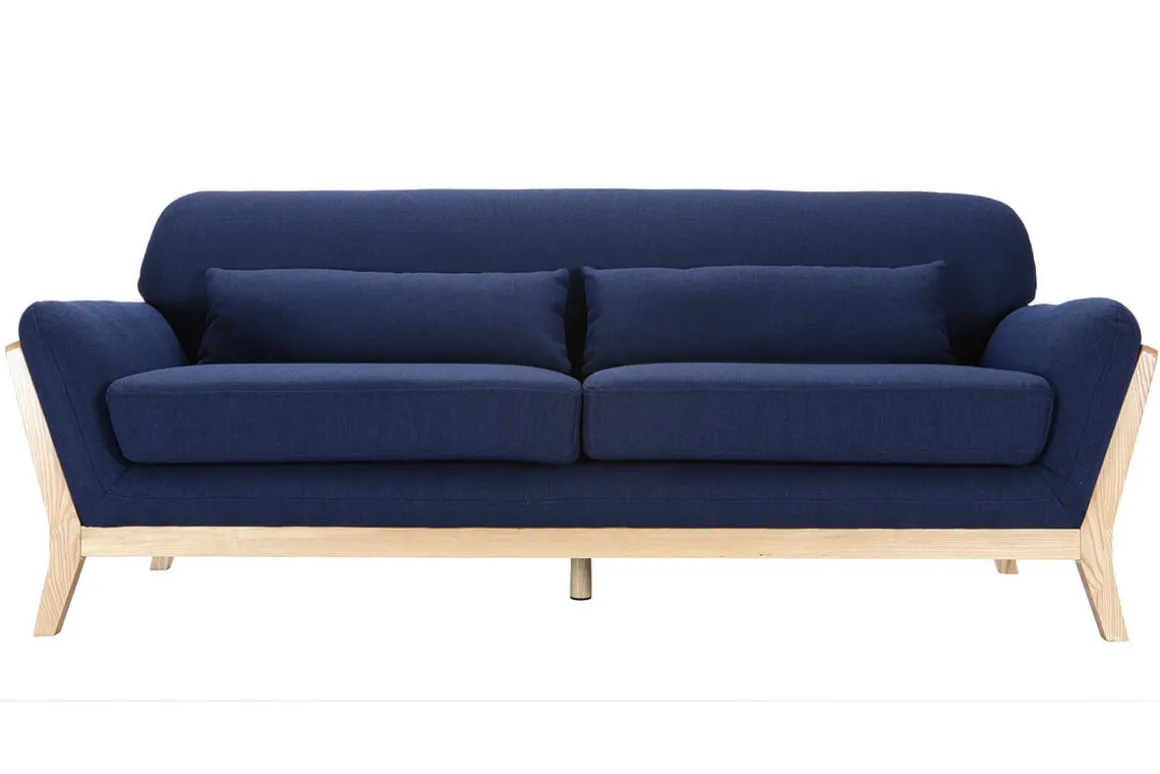 Outlet Miliboo Sofá escandinavo 3 plazas azul marino patas madera YOKO