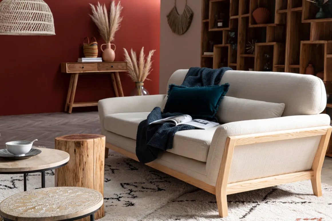 Outlet Miliboo Sofá escandinavo 3 plazas azul marino patas madera YOKO