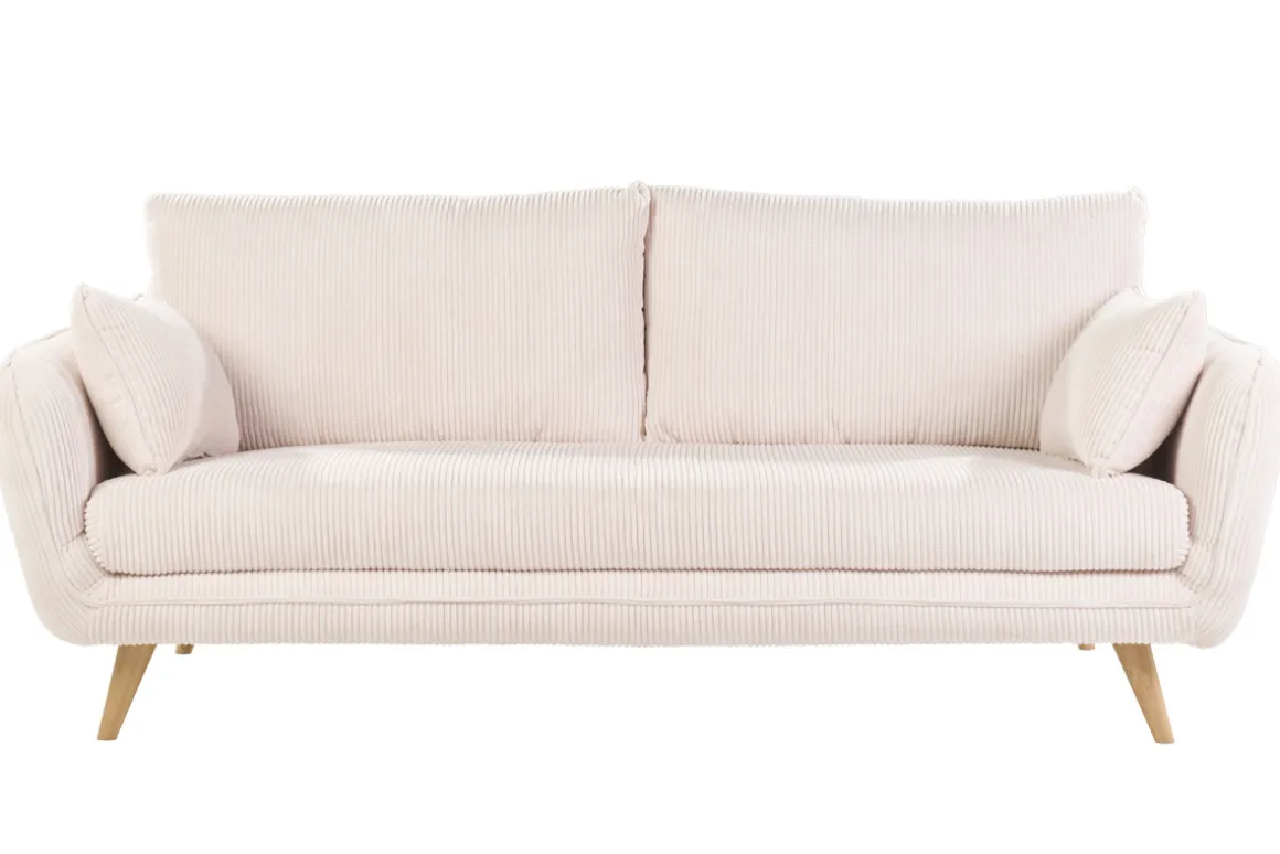 Flash Sale Miliboo Sofá escandinavo de 3 plazas en terciopelo acanalado color crema y madera clara CREEP