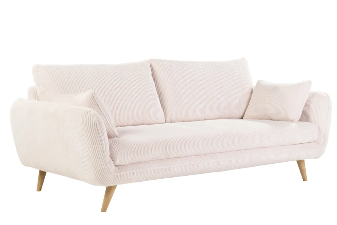 Flash Sale Miliboo Sofá escandinavo de 3 plazas en terciopelo acanalado color crema y madera clara CREEP