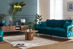 Best Sale Miliboo Sofá moderno 3 plazas de terciopelo azul petróleo y metal negro JERRY