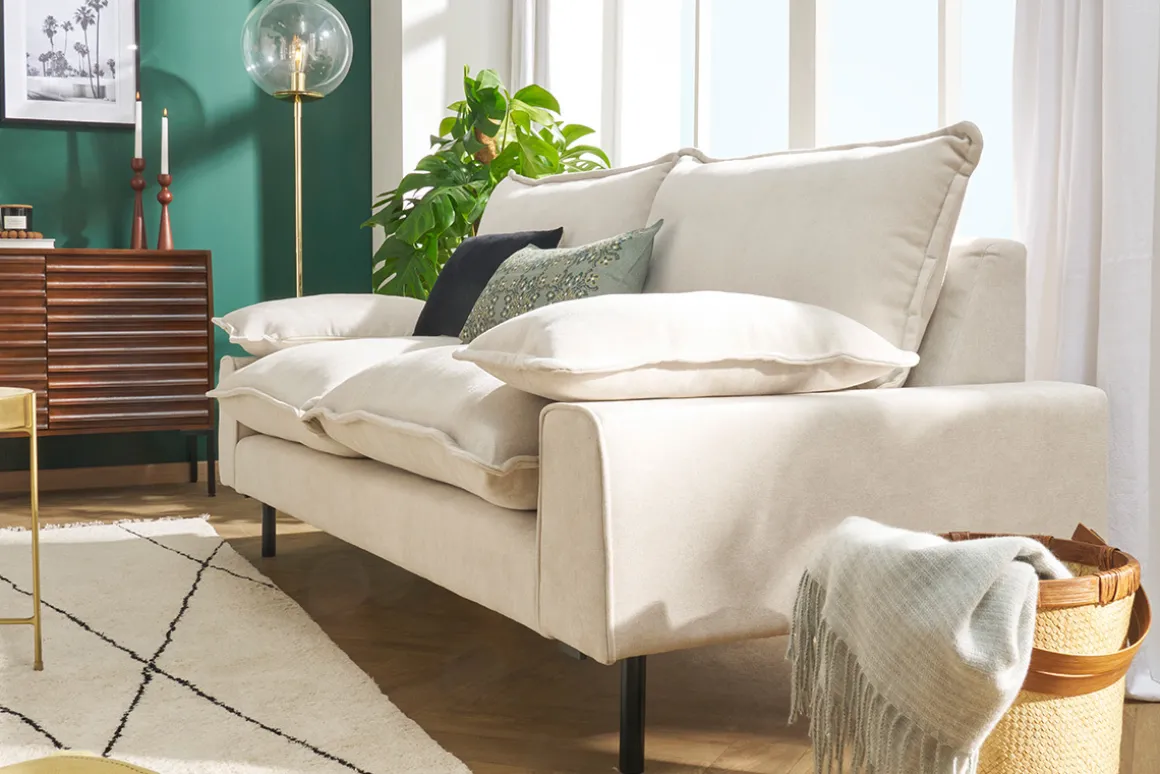 Flash Sale Miliboo Sofá moderno 3 plazas de tejido efecto aterciopelado texturizado beige y metal negro DORY