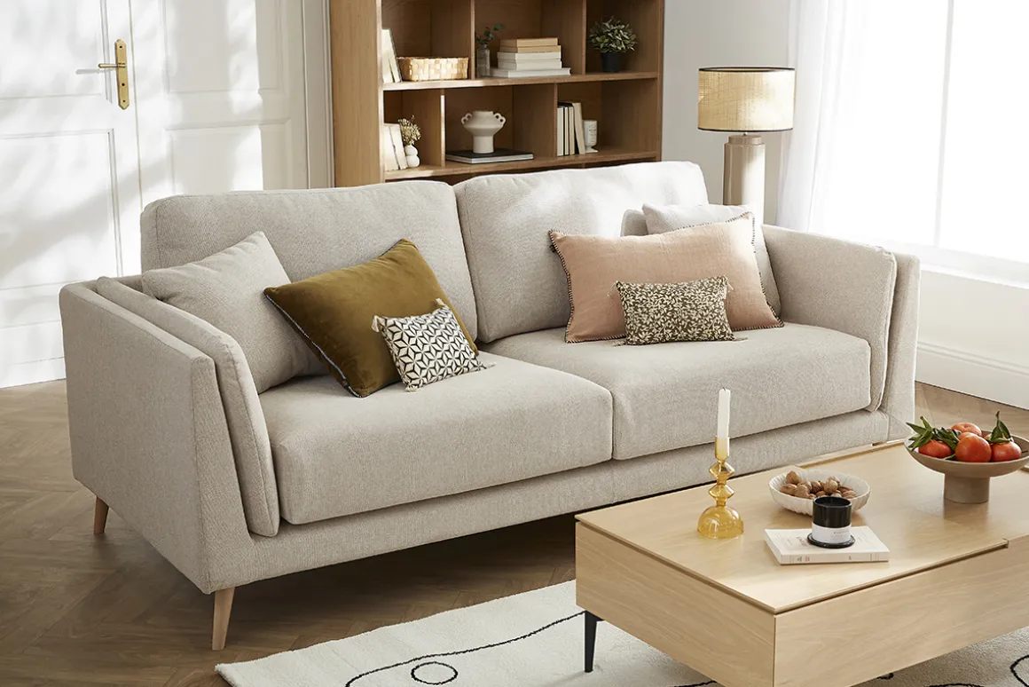Best Sale Miliboo Sofá moderno 3 plazas de tela beige natural VOGUE