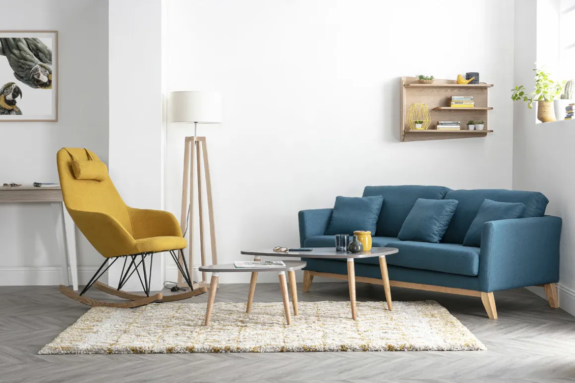Best Sale Miliboo Sofá nórdico 3 plazas azul petroleo desenfundable patas madera OSLO