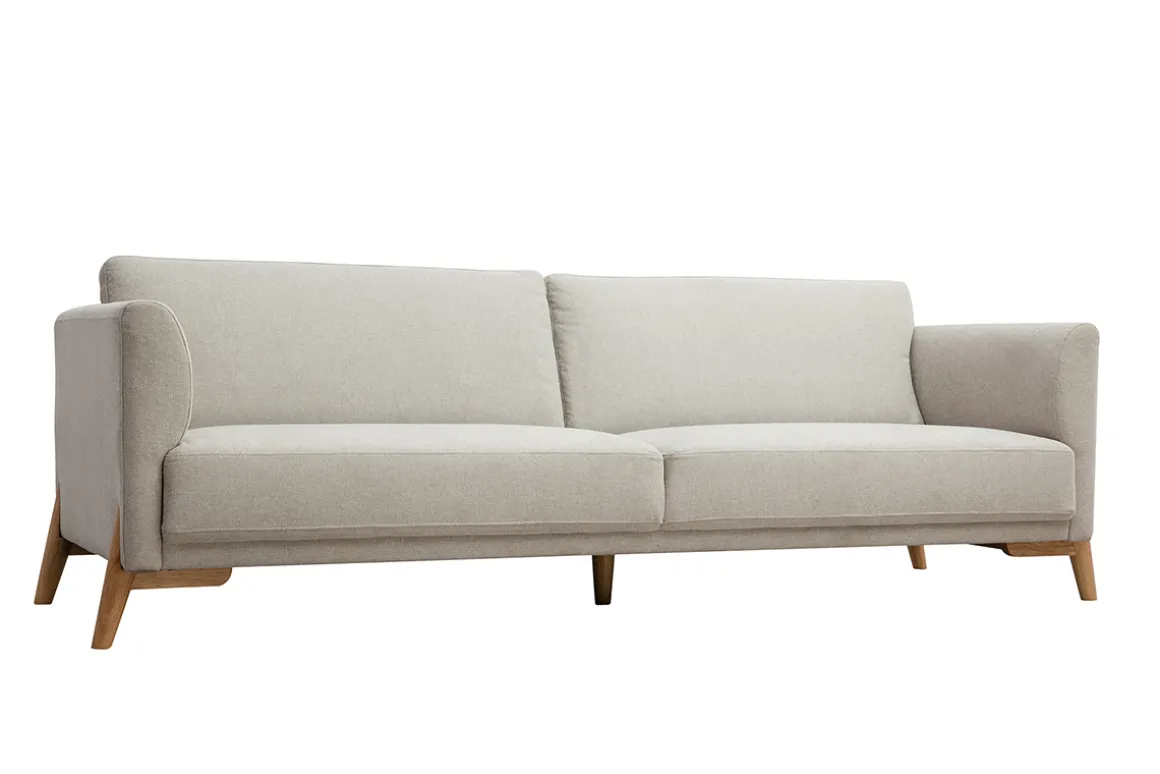 Flash Sale Miliboo Sofá nórdico 4 plazas de tejido efecto aterciopelado texturizado beige y madera clara SINDRO