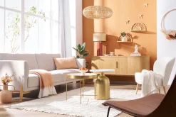Flash Sale Miliboo Sofá nórdico 4 plazas de tejido efecto aterciopelado texturizado beige y madera clara SINDRO