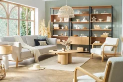 Flash Sale Miliboo Sofá nórdico 4 plazas de tejido efecto aterciopelado texturizado beige y madera clara SINDRO