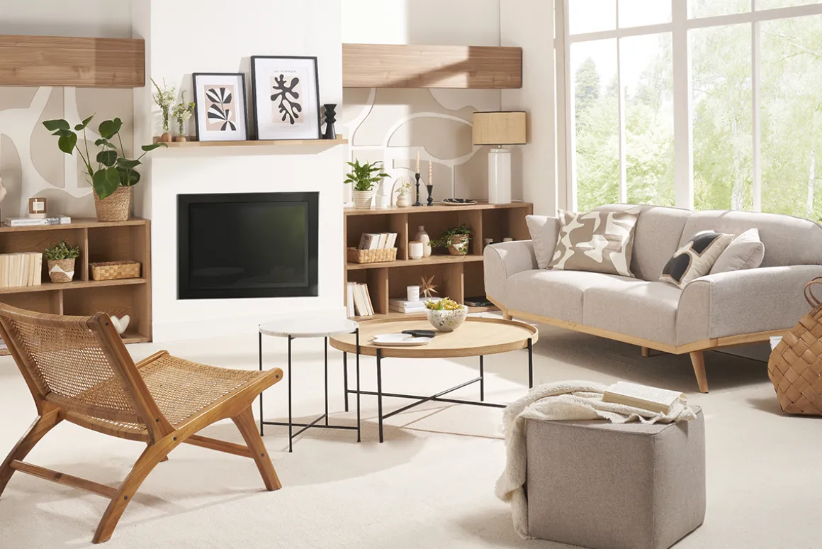 Best Miliboo Sofá nórdico 3 plazas de tejido efecto aterciopelado texturizado beige y madera clara FREEMA