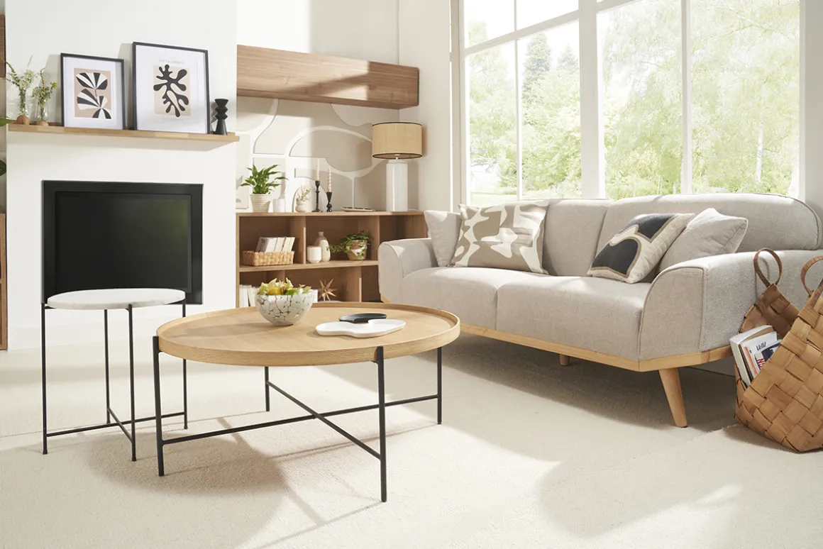 Best Miliboo Sofá nórdico 3 plazas de tejido efecto aterciopelado texturizado beige y madera clara FREEMA