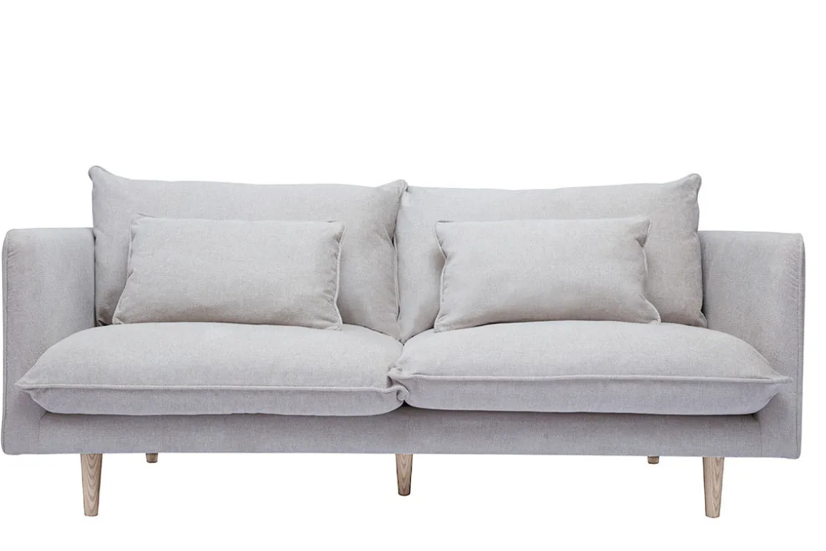 New Miliboo Sofá nórdico 3 plazas de tejido efecto aterciopelado texturizado beige y madera clara CLAYTON