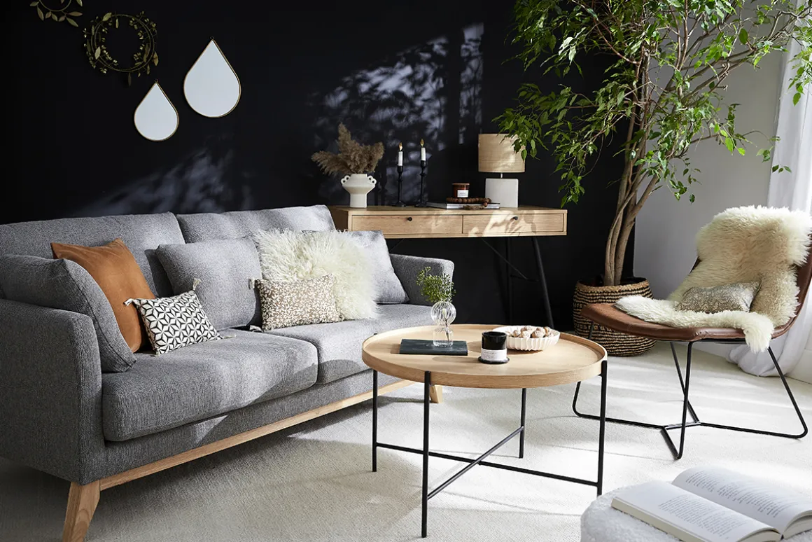 Clearance Miliboo Sofá nórdico 3 plazas gris oscuro desenfundable patas madera OSLO
